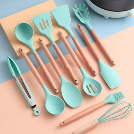 12 darabos tapadásmentes nyelű, szilikon konyhai szett, türkizkék