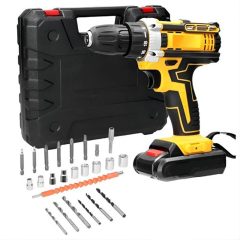   Akkumulátoros fúró és csavarbehajtó, 28 darabos szett tárolódobozban, sárga