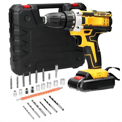 Akkumulátoros fúró és csavarbehajtó, 28 darabos szett tárolódobozban, sárga