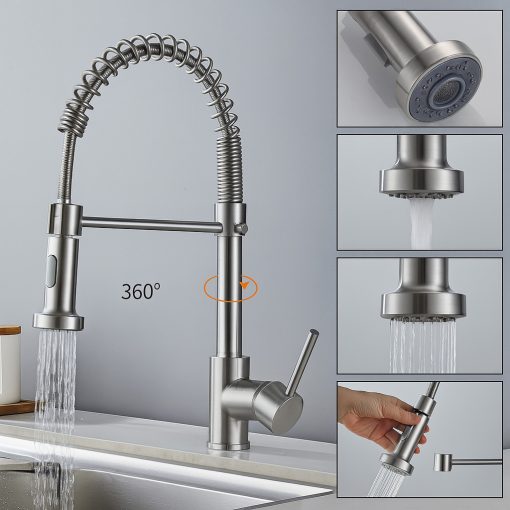 Teleszkópos konyhai mosogató csaptelep - 360°-ban forgatható zuhanyfejjel, ezüst