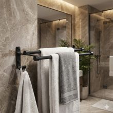 Dupla törölközőtartó 80 cm – fekete, fúrás nélkül, alumínium